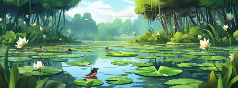 绿色荷花动物森林插画背景,插画/手绘图,插画/手绘图库,插画/手绘图下载,插画/手绘